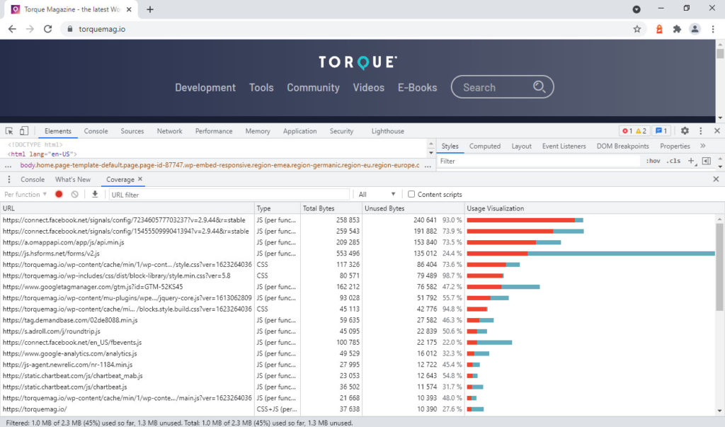 dati di copertura di css javascript inutilizzati negli strumenti di sviluppo di Chrome