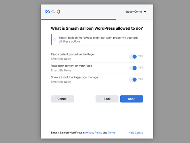 Mange Smash Balloon Facebook permissions