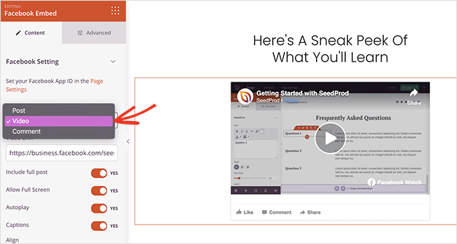 Facebook embed video type