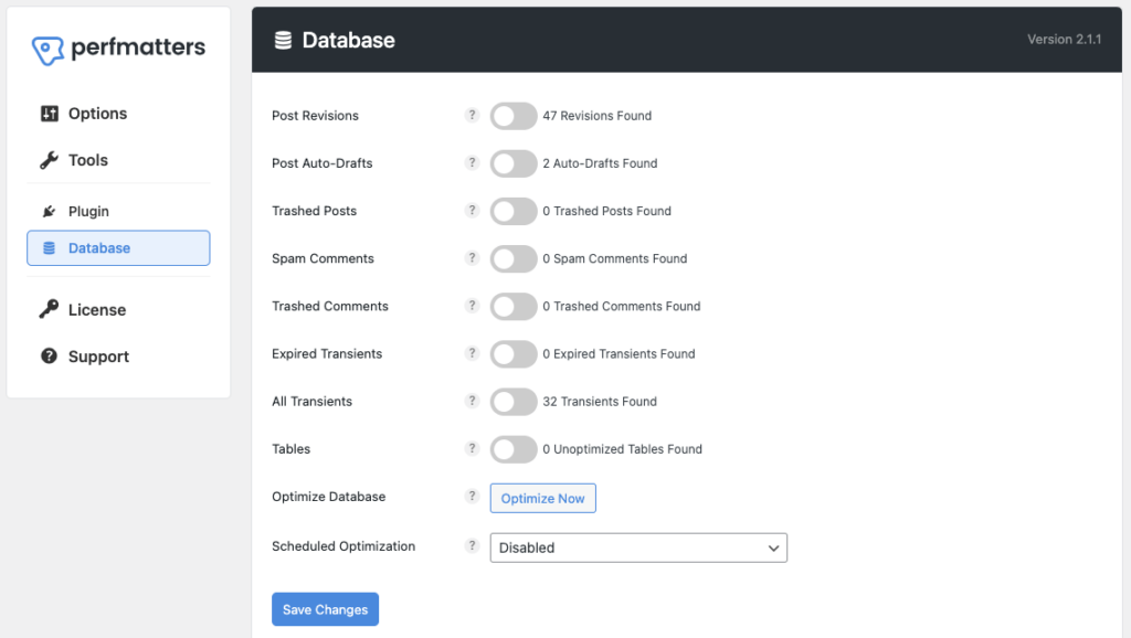 إعدادات تحسين قواعد البيانات perfmatters