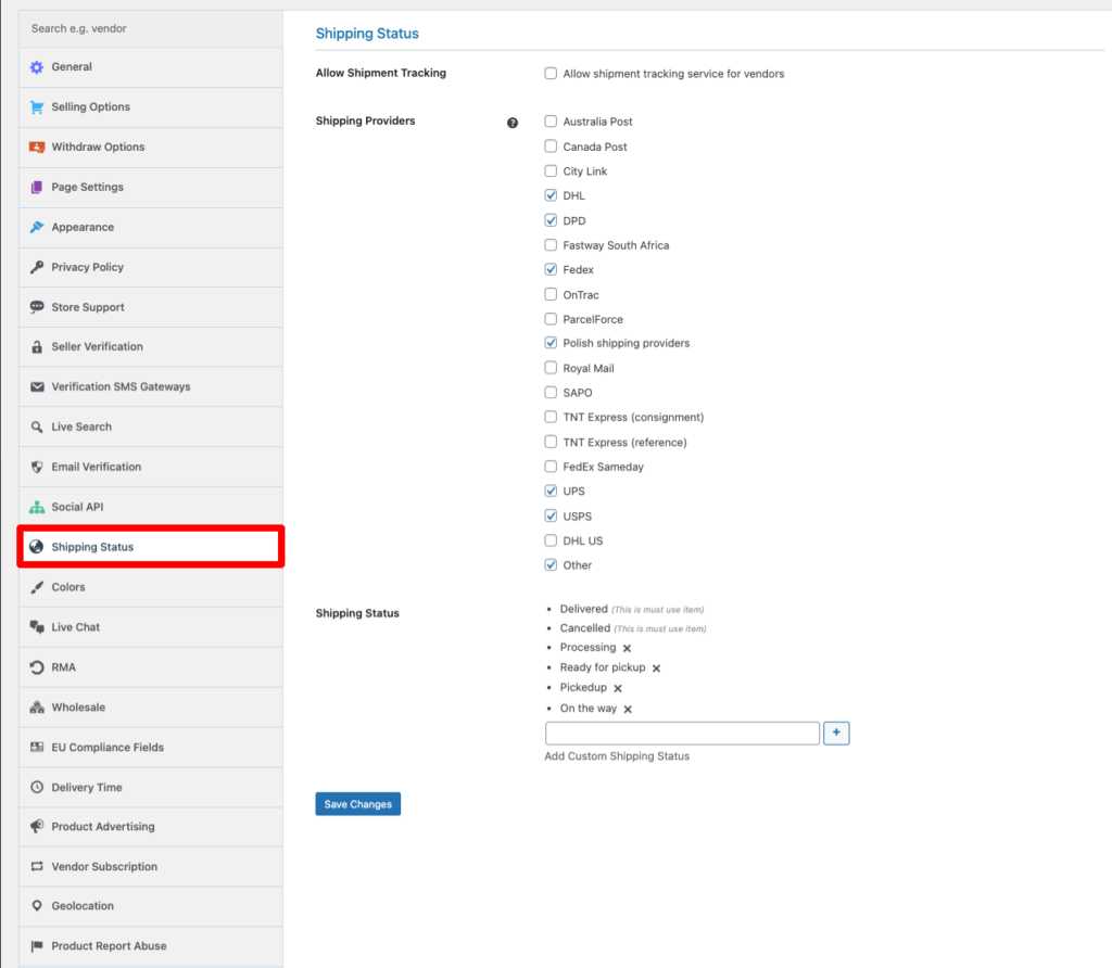 นี่คือภาพหน้าจอของ Dokan Shipping Status จาก WordPress backend