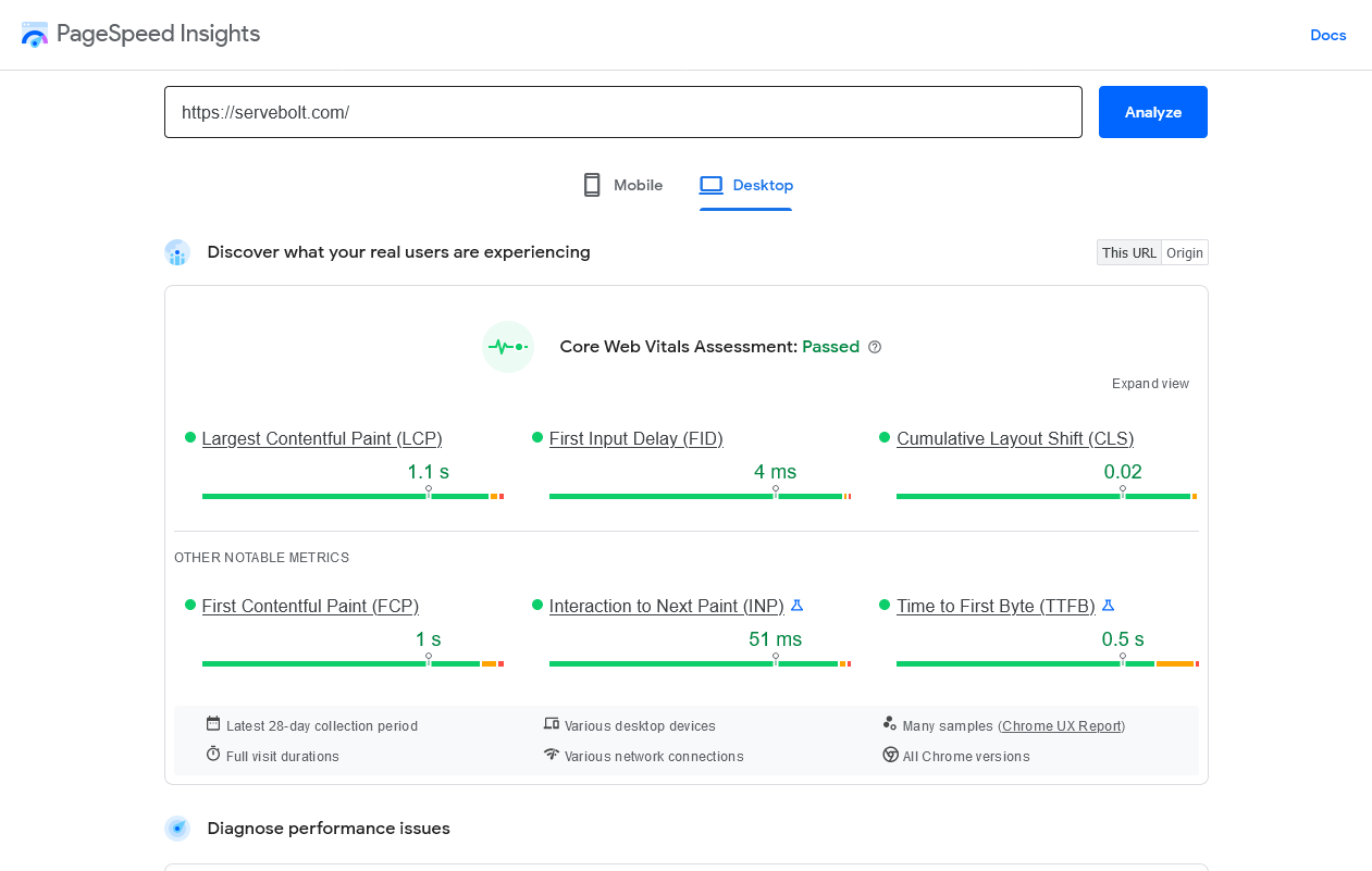 Servebolt.com Google PageSpeed Insights