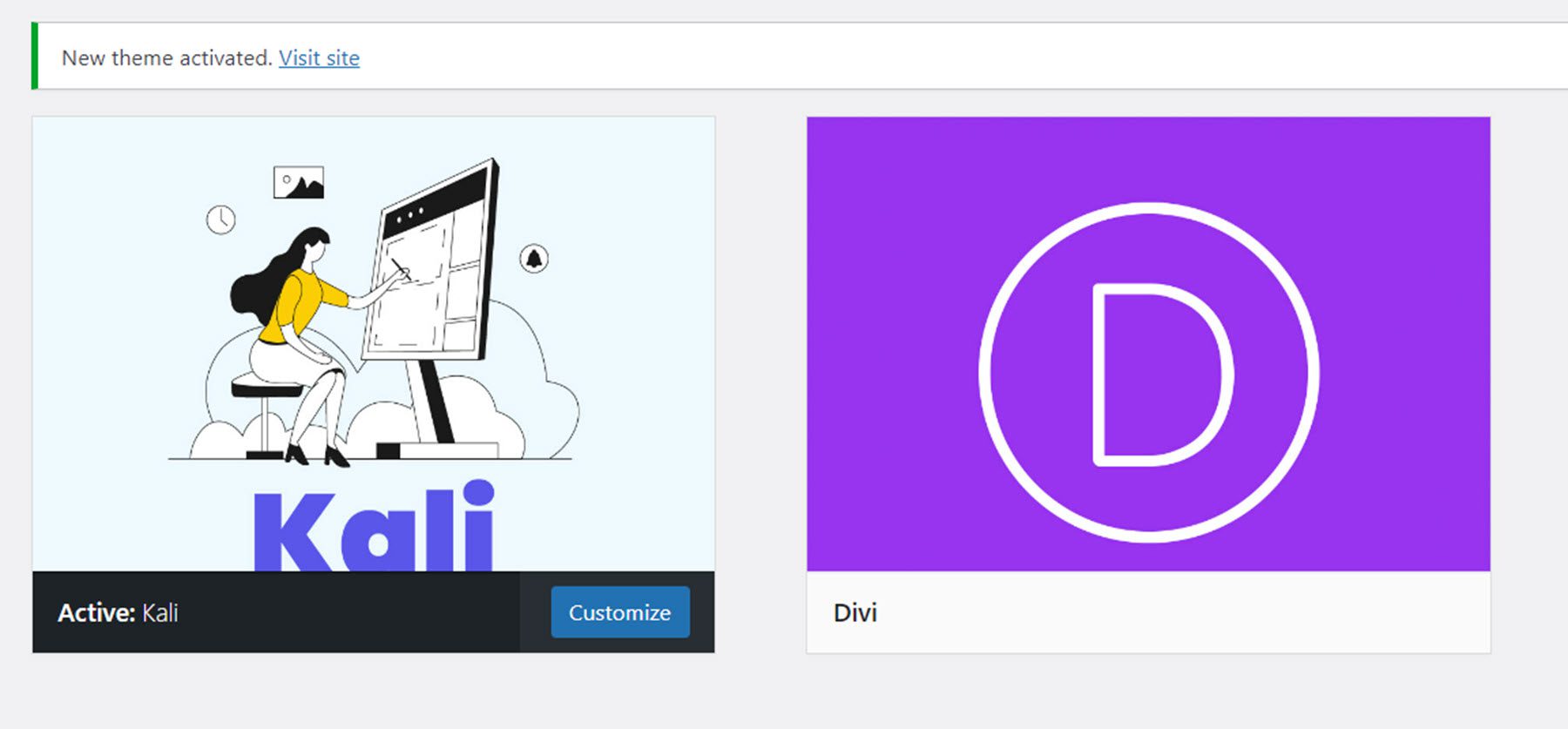 Kali 多目的 Divi 子テーマ インストールテーマがアクティブ化されました
