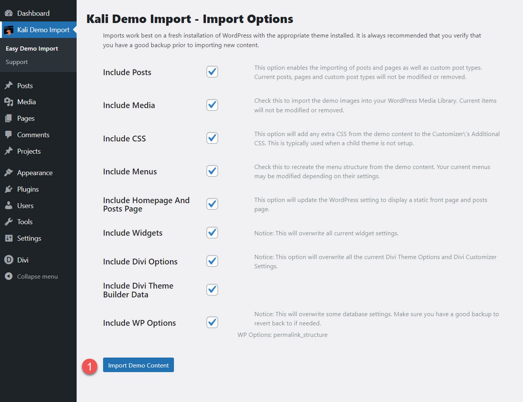 Kali Multi-Purpose Divi Child Theme Installation Import