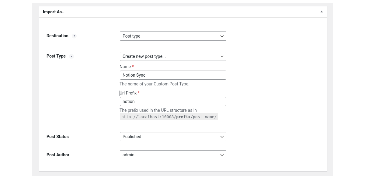 ภาพหน้าจอของเมนู Notion WP Sync