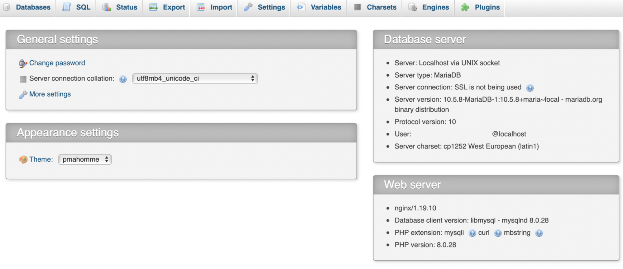 phpMyAdmin 的打開屏幕