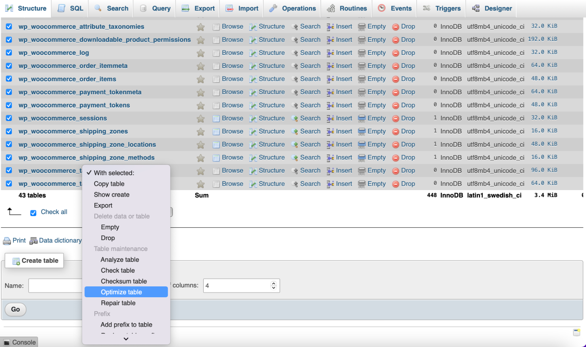 ottimizzazione di una tabella di database in phpMyAdmin