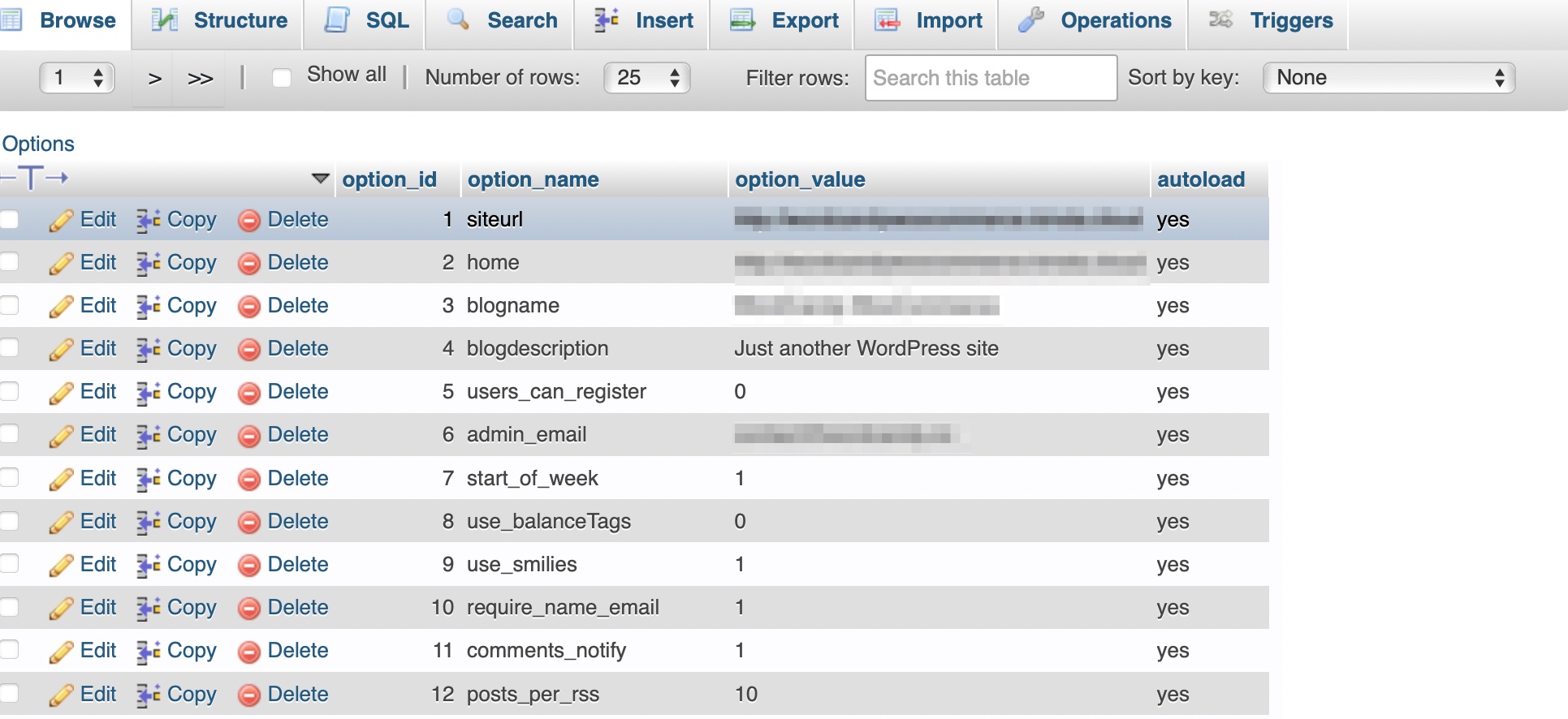 Ändern von Site-Informationen in der Datenbank