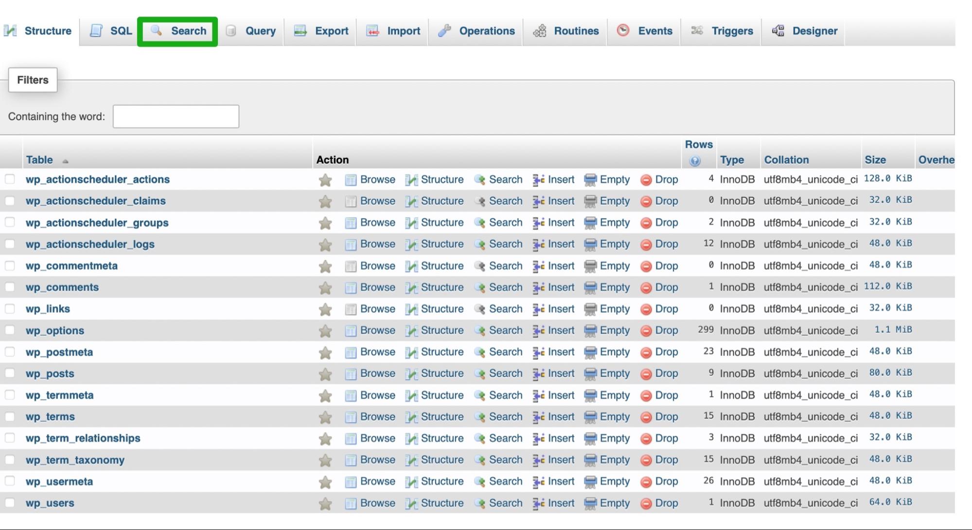 البحث في phpMyAdmin