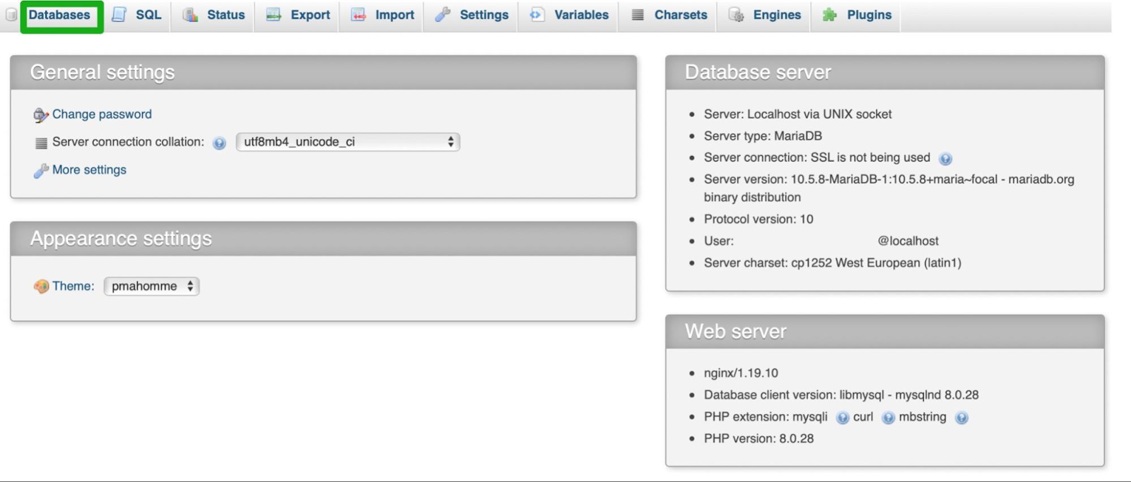 اختيار "قواعد البيانات" في phpMyAdmin