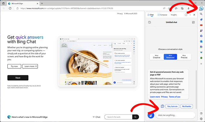 Bing chat in sidebar on Microsoft Edge
