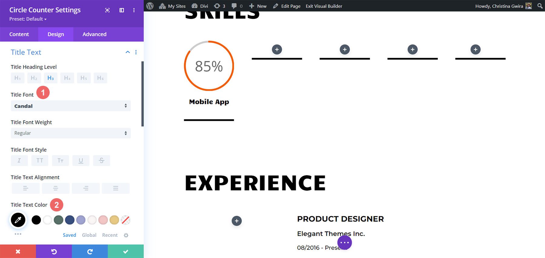 Impostazioni del testo del titolo per il layout del CV creativo