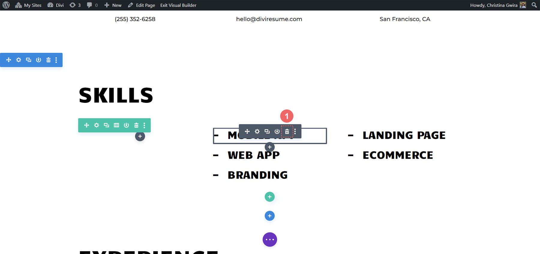 Elimine los módulos de texto de la sección de habilidades en el diseño de nuestro sitio web de currículum en línea