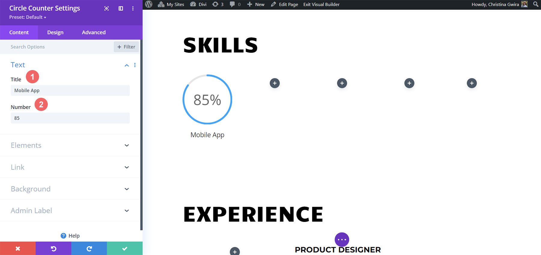 온라인 이력서 웹사이트 디자인의 Circle Counter 모듈에 텍스트 콘텐츠 추가