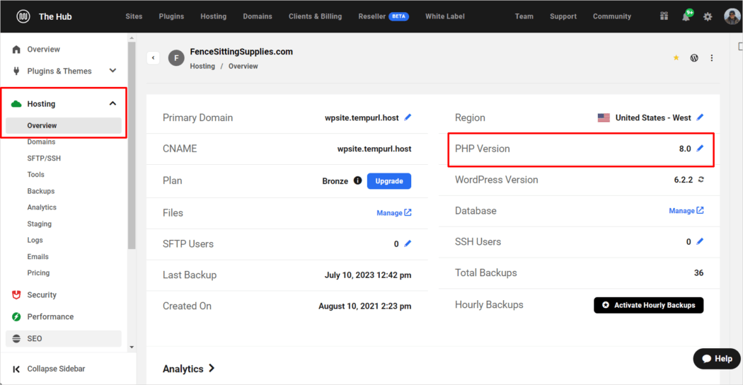 Layar The Hub - Hosting Overview - Informasi versi PHP.