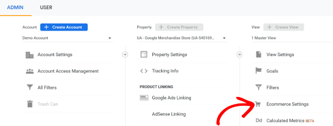 Ecommerce settings in Google Analytics