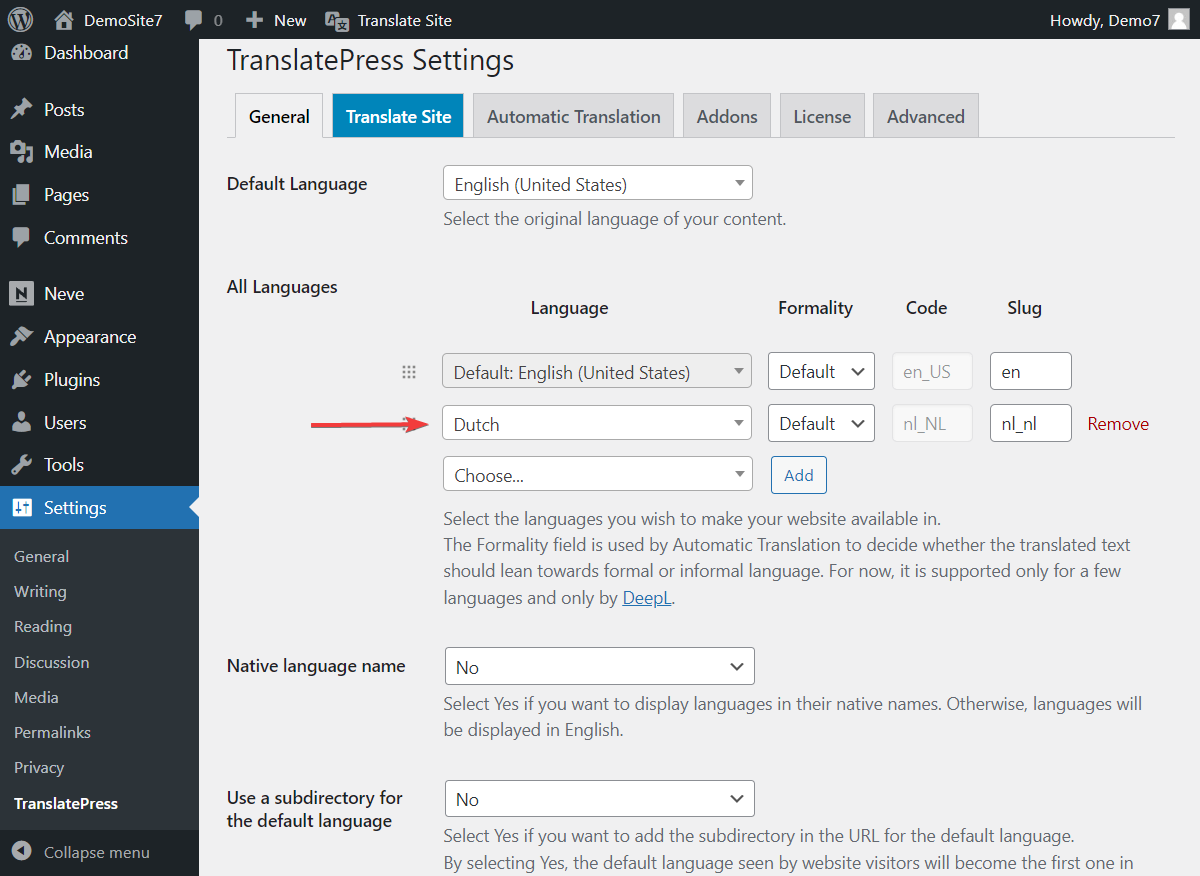 Sélectionnez la langue TranslatePress