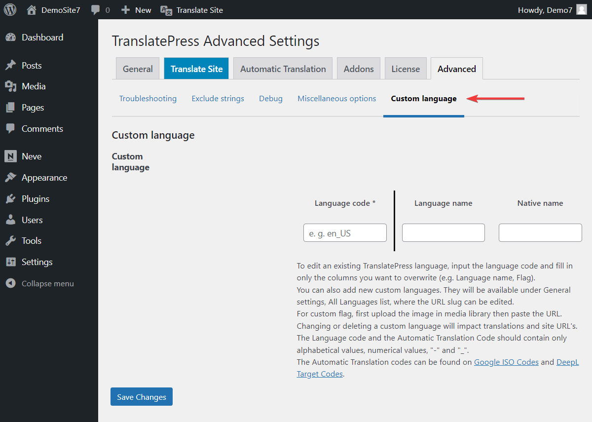 Utilizza le impostazioni avanzate per TranslatePress