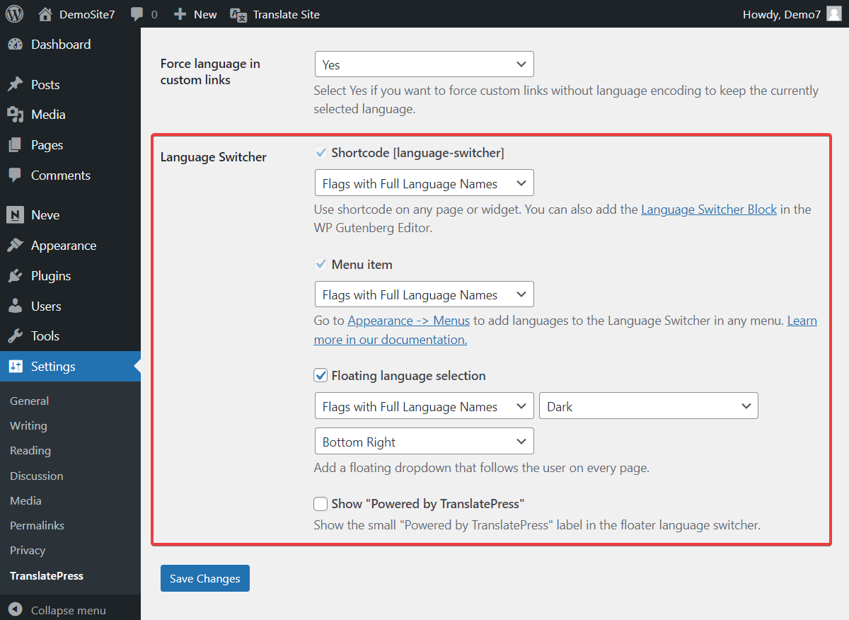 Sélectionnez les langues pour le sélecteur de langue dans les paramètres du plugin