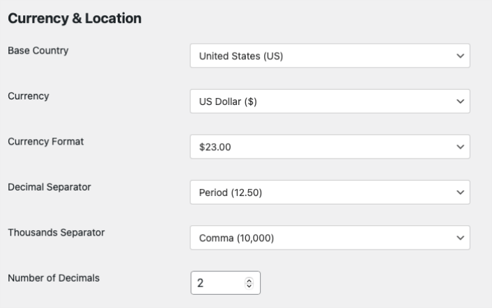 Configuración de ubicación y moneda de caridad