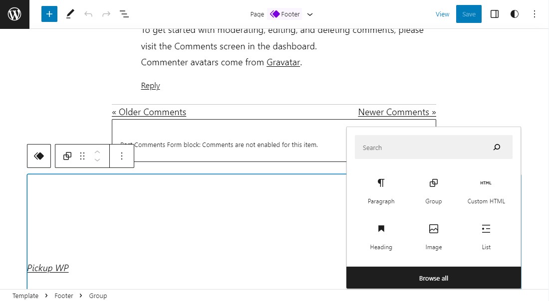 Adăugați blocuri în subsolul complet al editorului de site