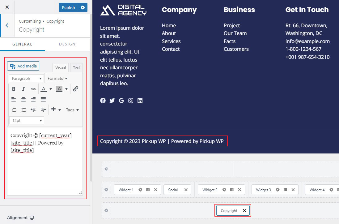 Editar texto de copyright en Astra