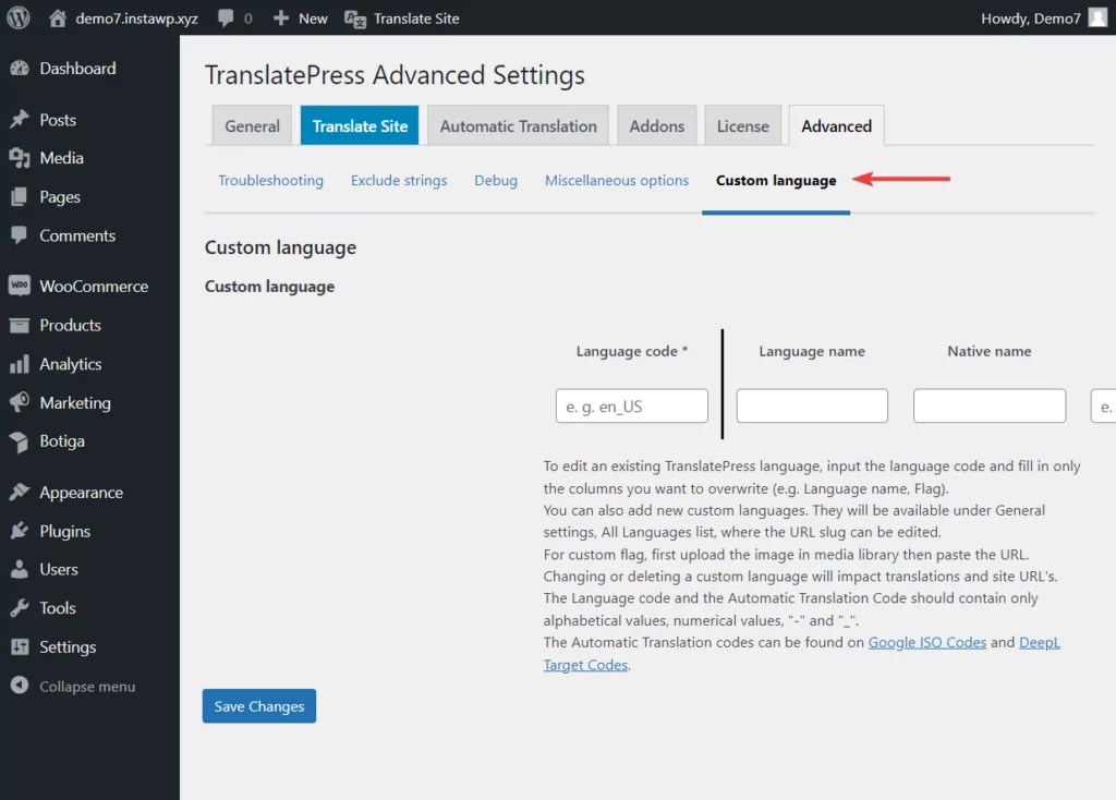 aggiunta di lingue personalizzate nel plug-in translatepress