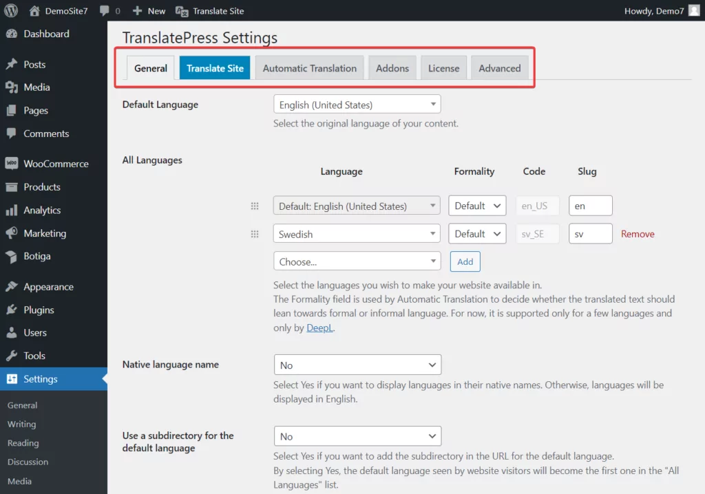 Einstellungsregisterkarten für das Translatepress-Plugin