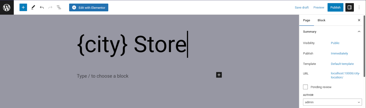 captura de pantalla del editor de páginas de WordPress con el título {city} Store