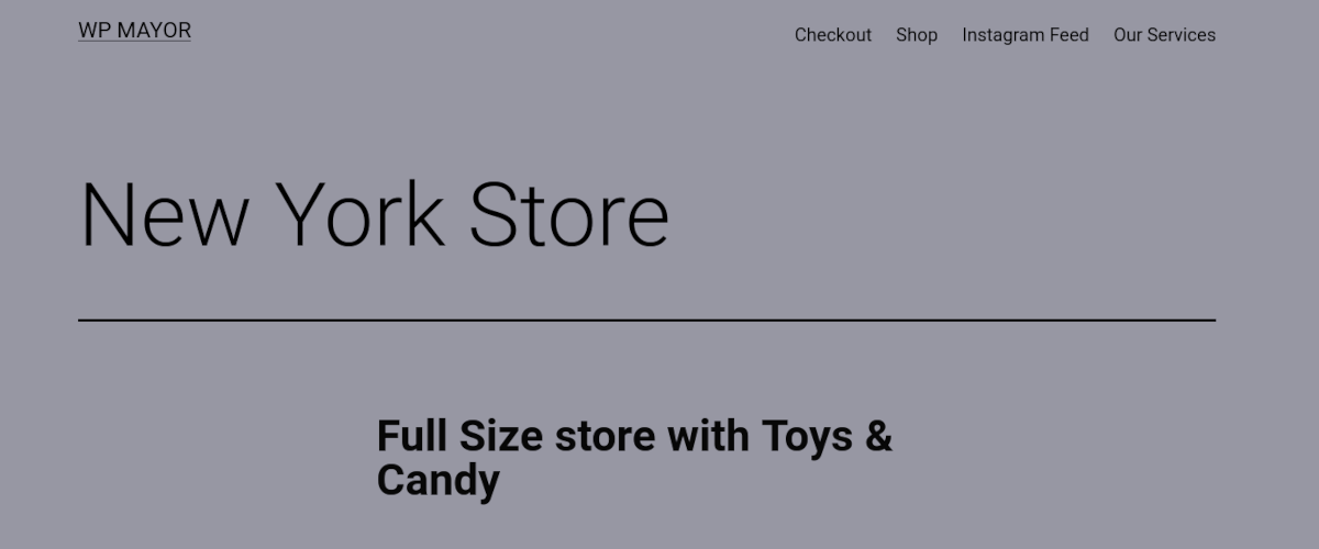 ภาพหน้าจอของหน้าใน WordPress ที่มีชื่อ "New York Store" และหัวข้อ "Full Size store with Toys & Candy"