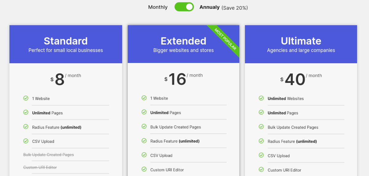 ภาพหน้าจอของตารางราคา LPagery