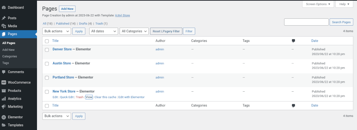 LPagery를 사용하여 생성된 새 페이지 목록을 보여주는 WordPress 대시보드의 스크린샷