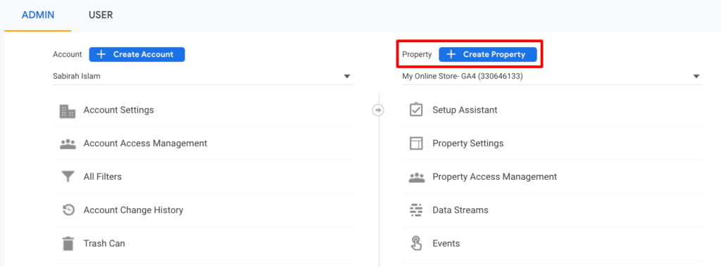 ภาพหน้าจอสำหรับสร้างพร็อพเพอร์ตี้ใหม่ใน Google Analytics 4