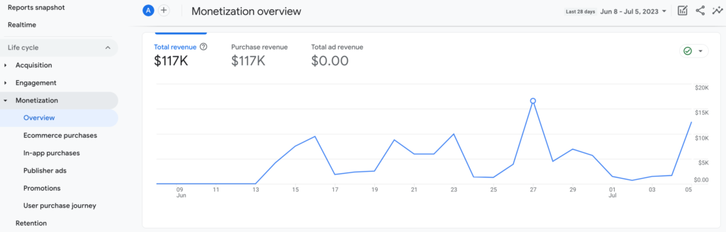 Uma captura de tela da visão geral da monetização no GA4 eCommerce