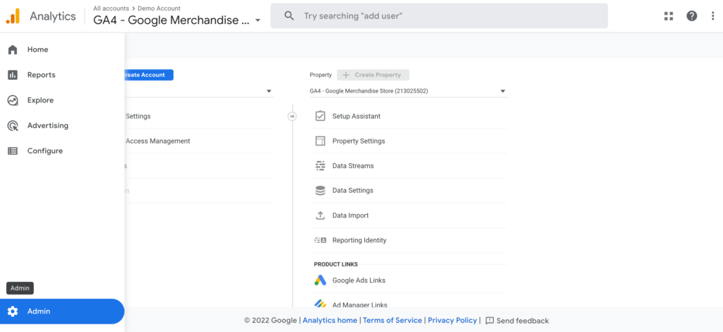 ภาพหน้าจอของหน้าผู้ดูแลระบบสำหรับพร็อพเพอร์ตี้ Google Analytics 4