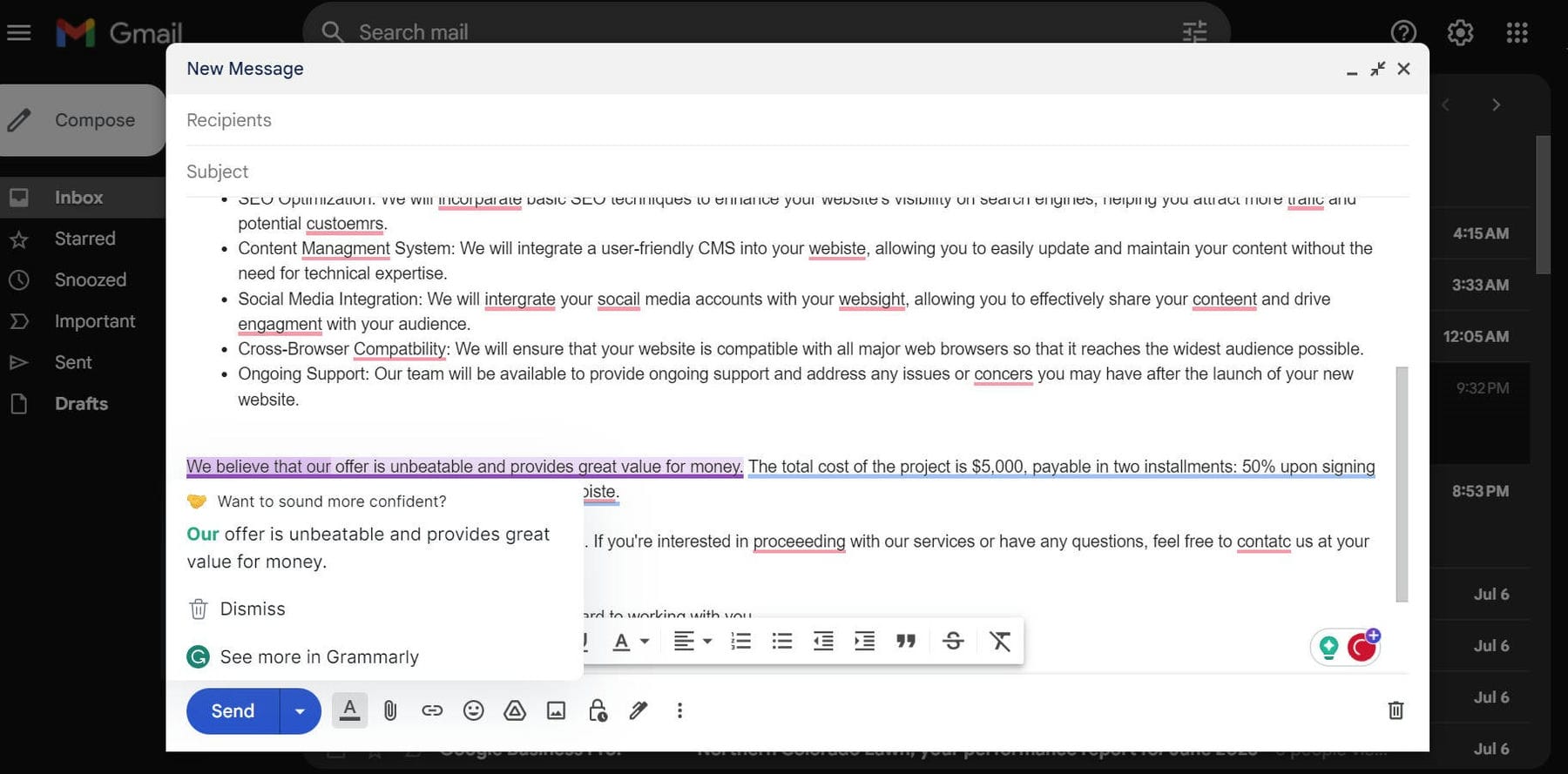 Grammarly AI Tone 및 Grammar Checking 이메일