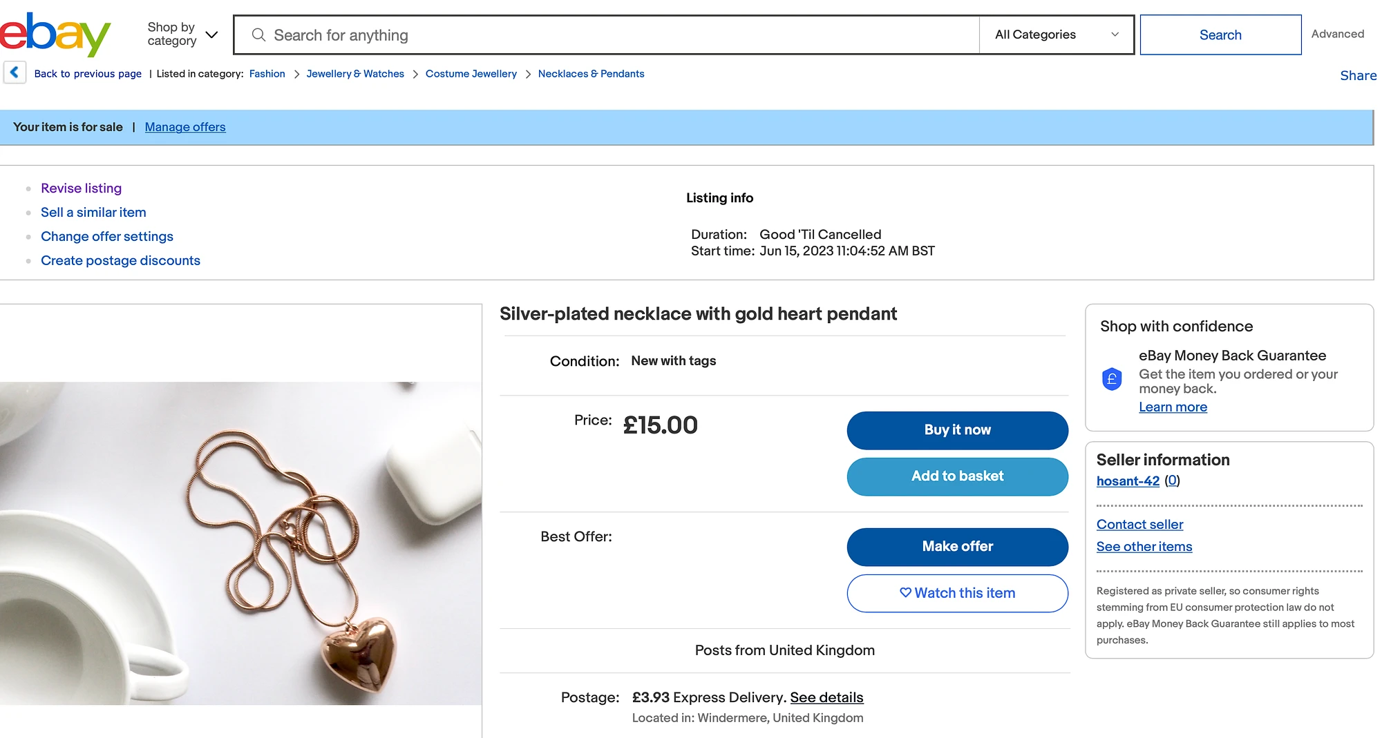 Contoh daftar eBay dari kalung yang terdaftar seharga 15 pound.