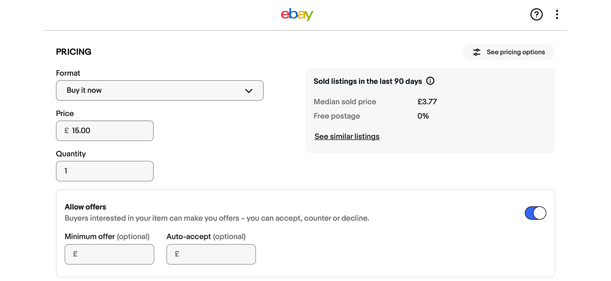 Definir informações de preços para o produto eBay.