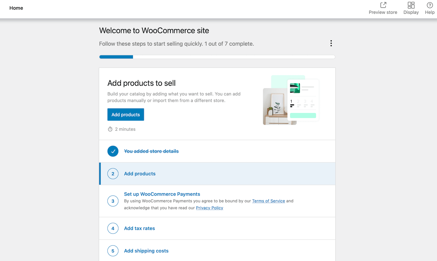 قائمة مراجعة WooCommerce الترحيبية.