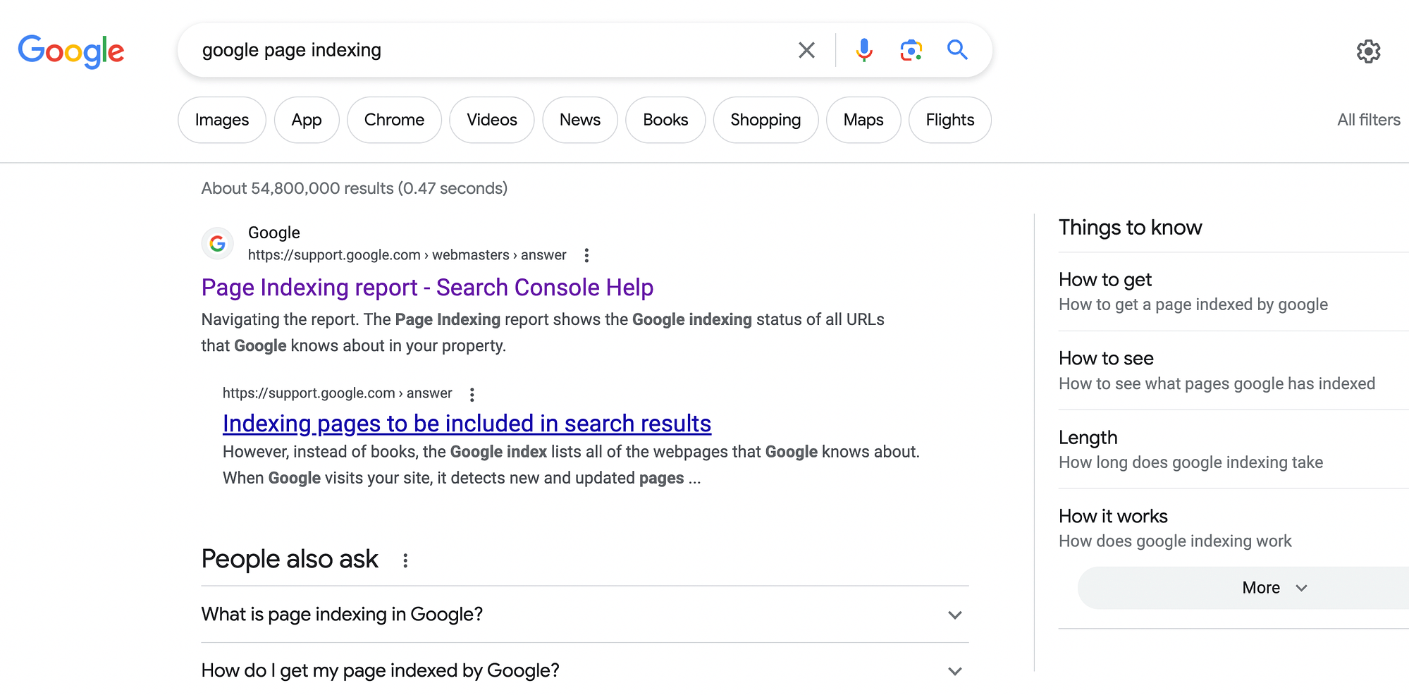 ตัวอย่างผลการค้นหาของ Google สำหรับคำค้นหา "google page indexing"