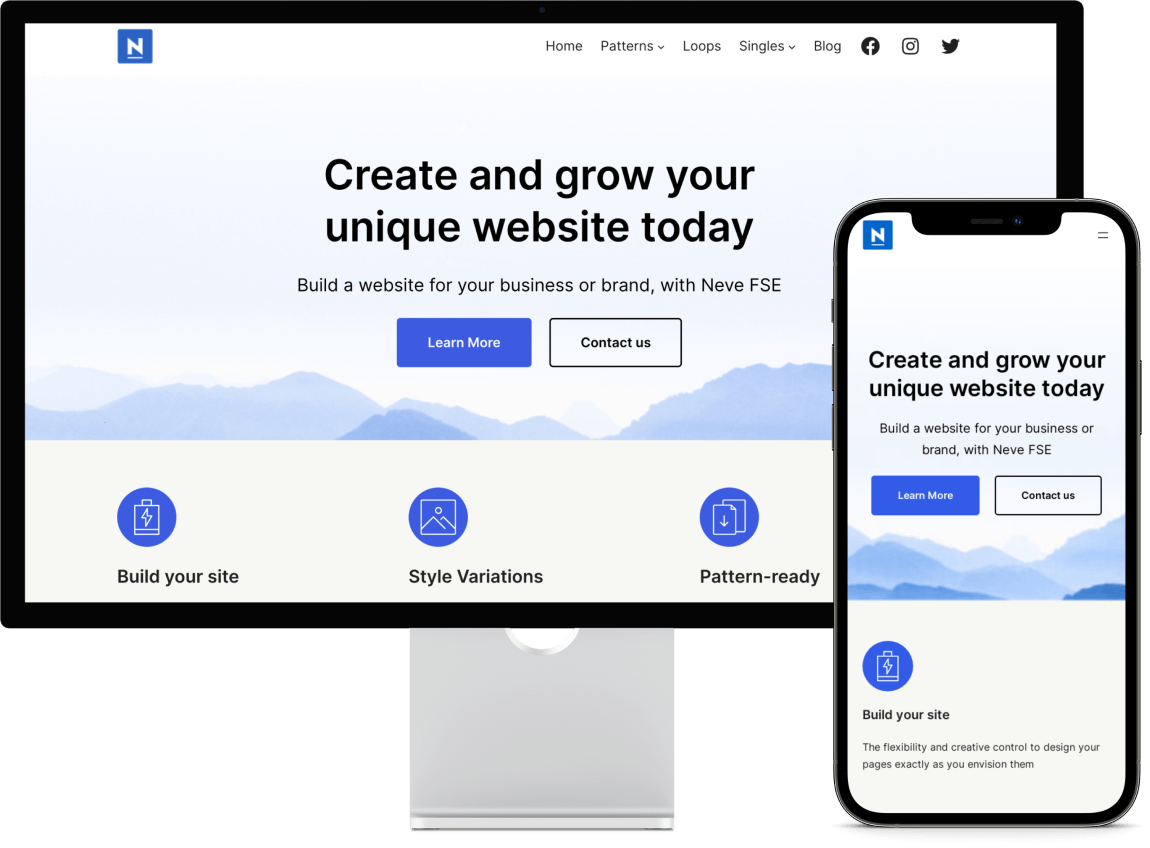 Tema WordPress Neve FSE di desktop dan seluler