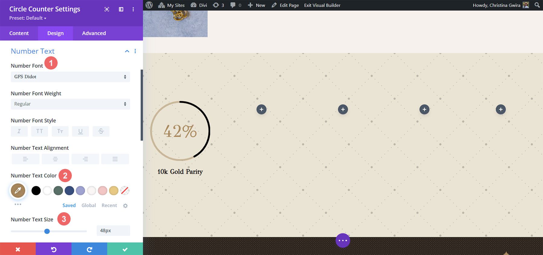 Styling untuk nomor di Divi Jewelry Designer Layout Pack dengan Circle Counter Modules