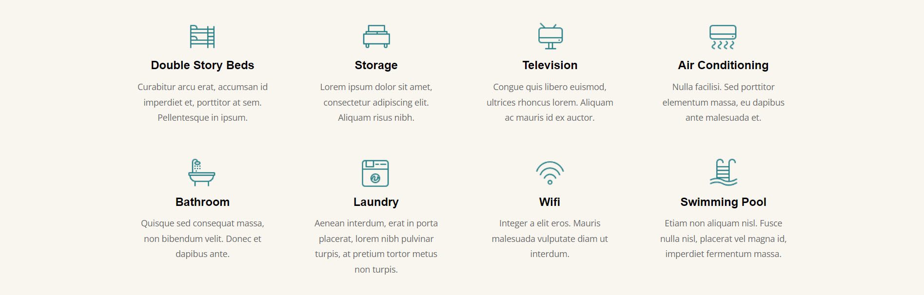 Abschnitt „Ausstattung“ des Divi Hostel in der Landingpage-Vorlage