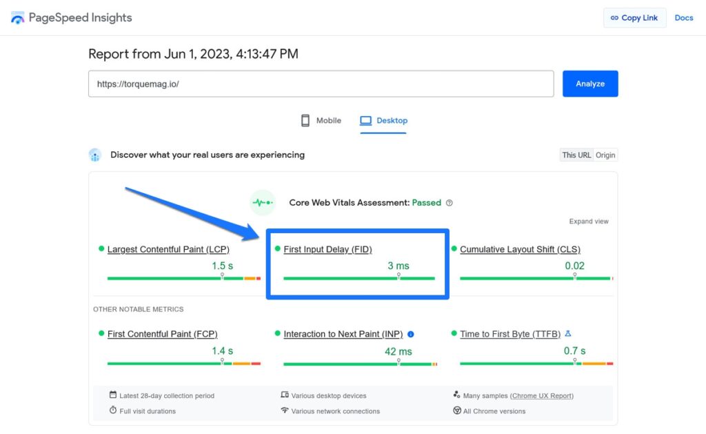 fid เมตริกในข้อมูลเชิงลึกของ pagespeed