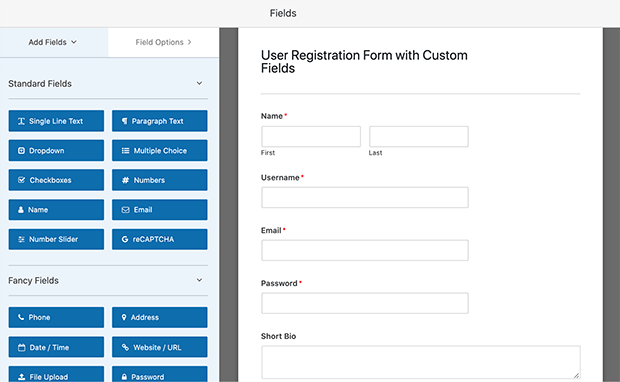 WPForms user registration form with custom fields