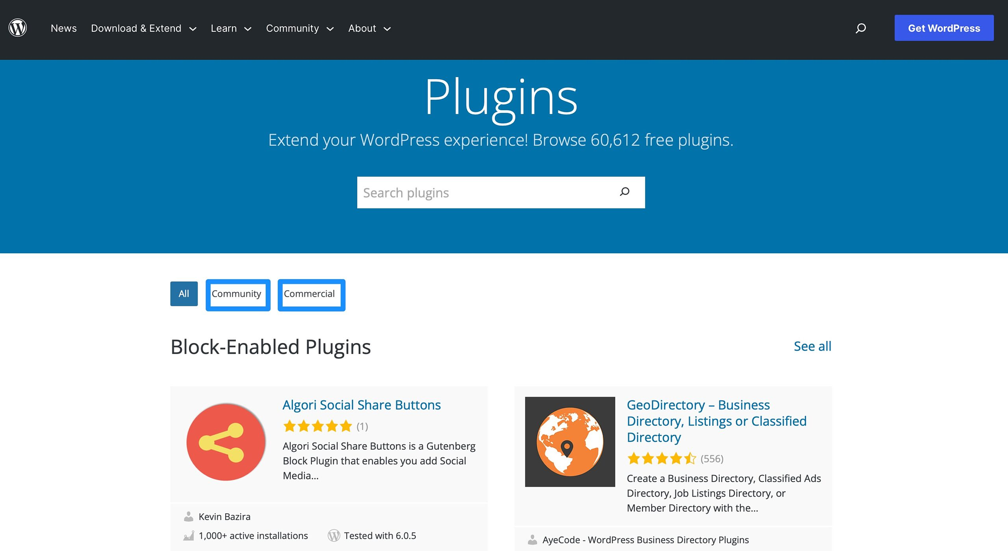 Community vs. kommerzielle Plugins im WordPress-Repository.