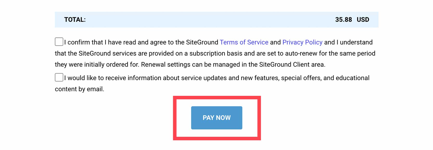 Terminer l'achat de SiteGround