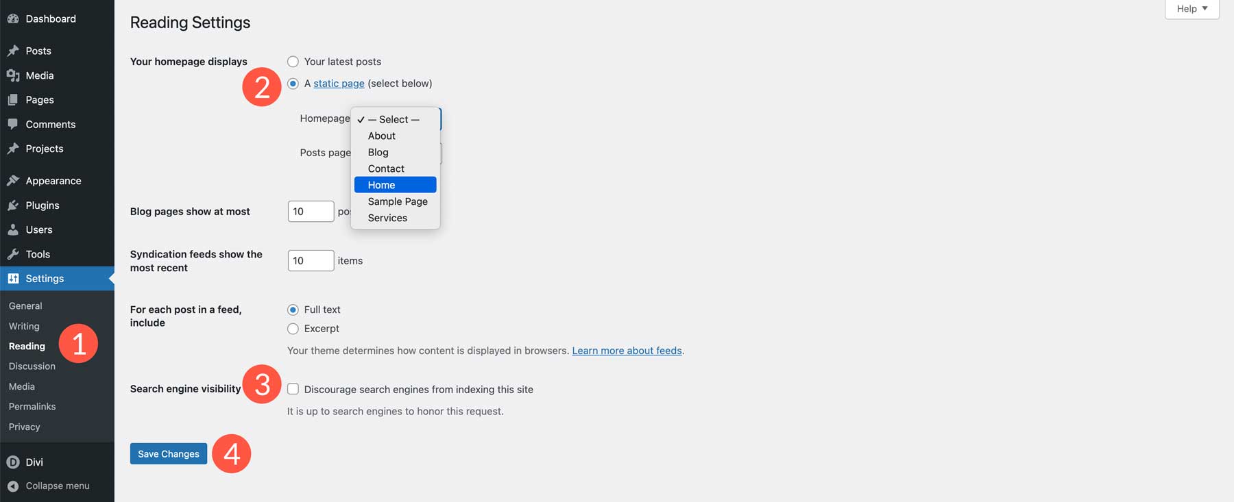 Configurando a página inicial do WordPress