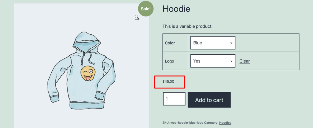 Questo è uno screenshot che mostra un solo prezzo per i prodotti variabili WooCommerce.