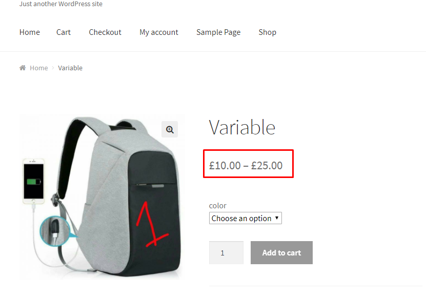 Dieses Bild zeigt die Preisspanne eines variablen WooCommerce-Produkts.